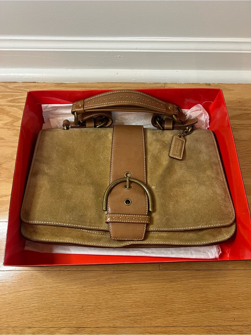 VTG Coach Y2K Soho Tan Suede Large Flap Shoulder Bag 9664 - Full Set W/ Box! - Picture 10 of 14